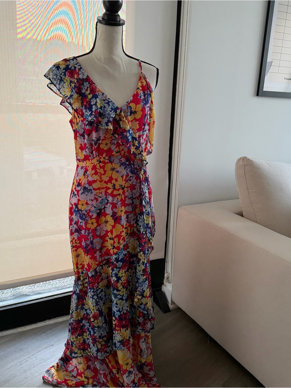 Lulus Radiant Ruby Floral Off-The-Shoulder Chiffon Asymmetrical Maxi Dress | M
